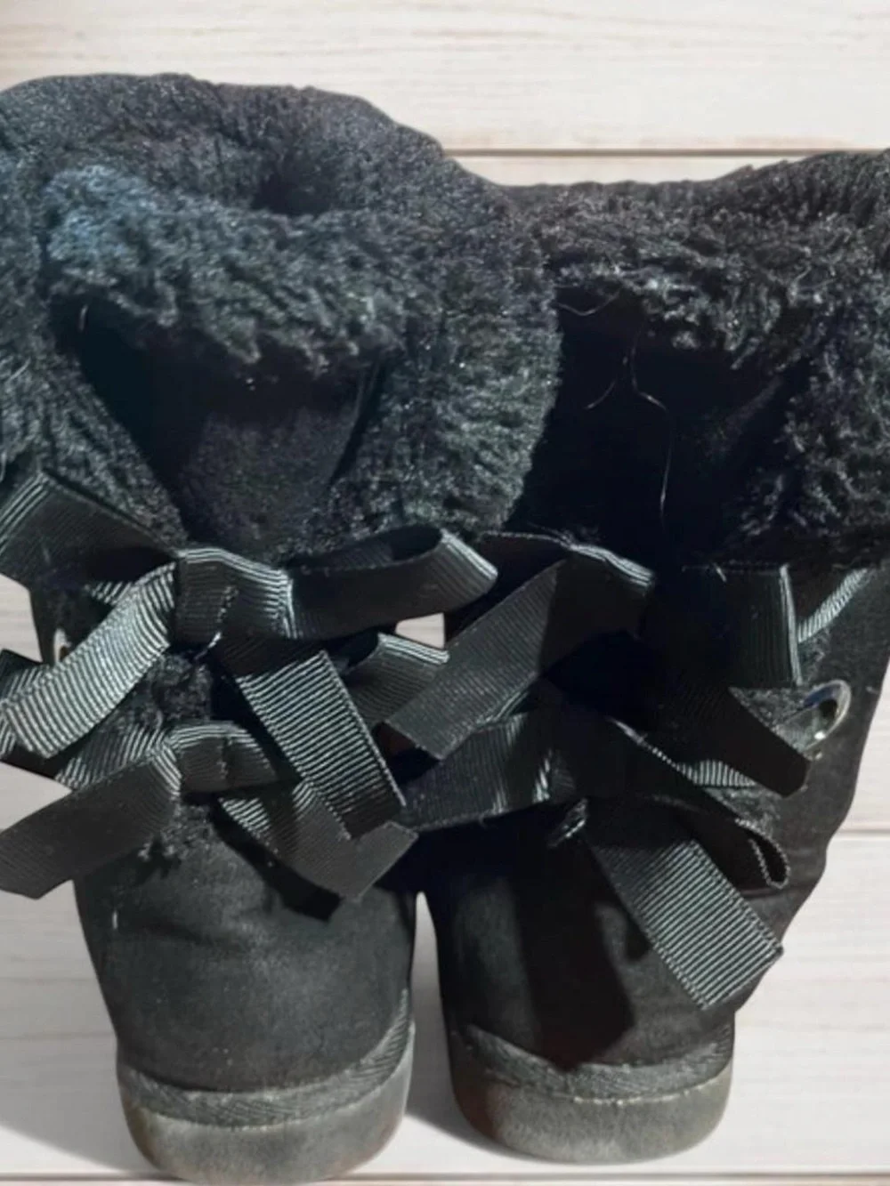 Girls 11 Black Faux-Sherpa Winter Boots Fur Lining Bow Detail Zip Up